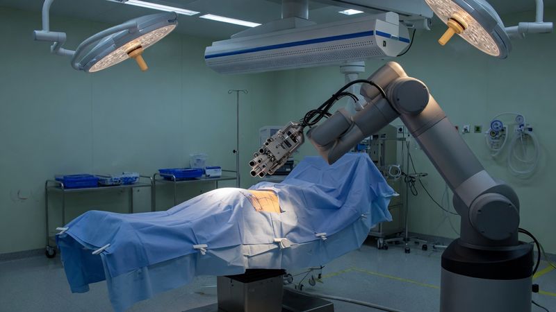 Robotic-arm system in an operating room for planned total hip replacement in Miami