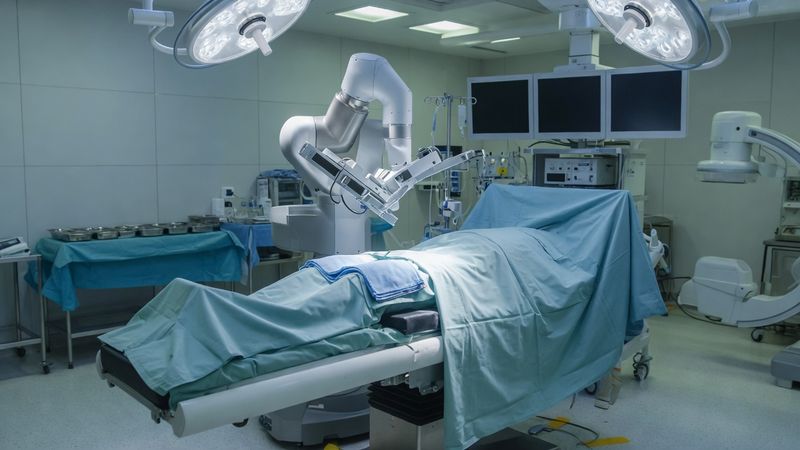 Robotic-arm system in an operating room for planned total knee replacement in Miami